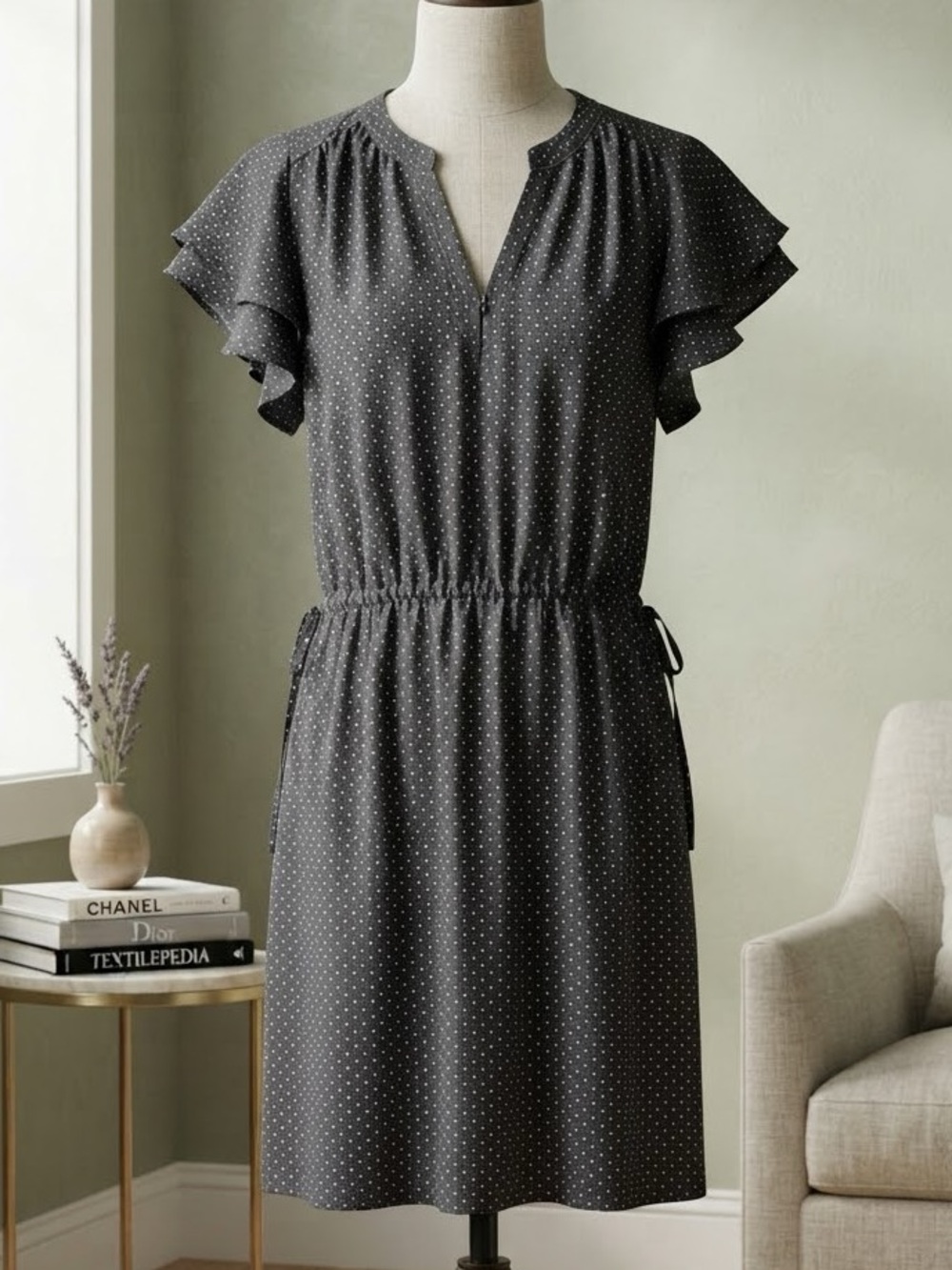 H&M Black Midi Dress with White Dot Print